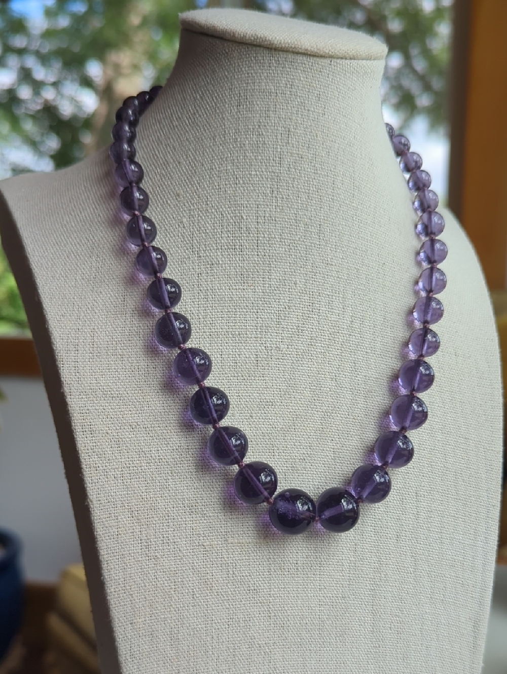 Vintage Purple Glass Necklace, Hand Knotted, Barrel Clasp, 16"